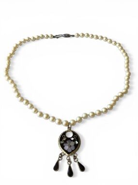 Vintage Faux Pearl Necklace w/ Abalone Alpaca Mexico Stamped Pendant